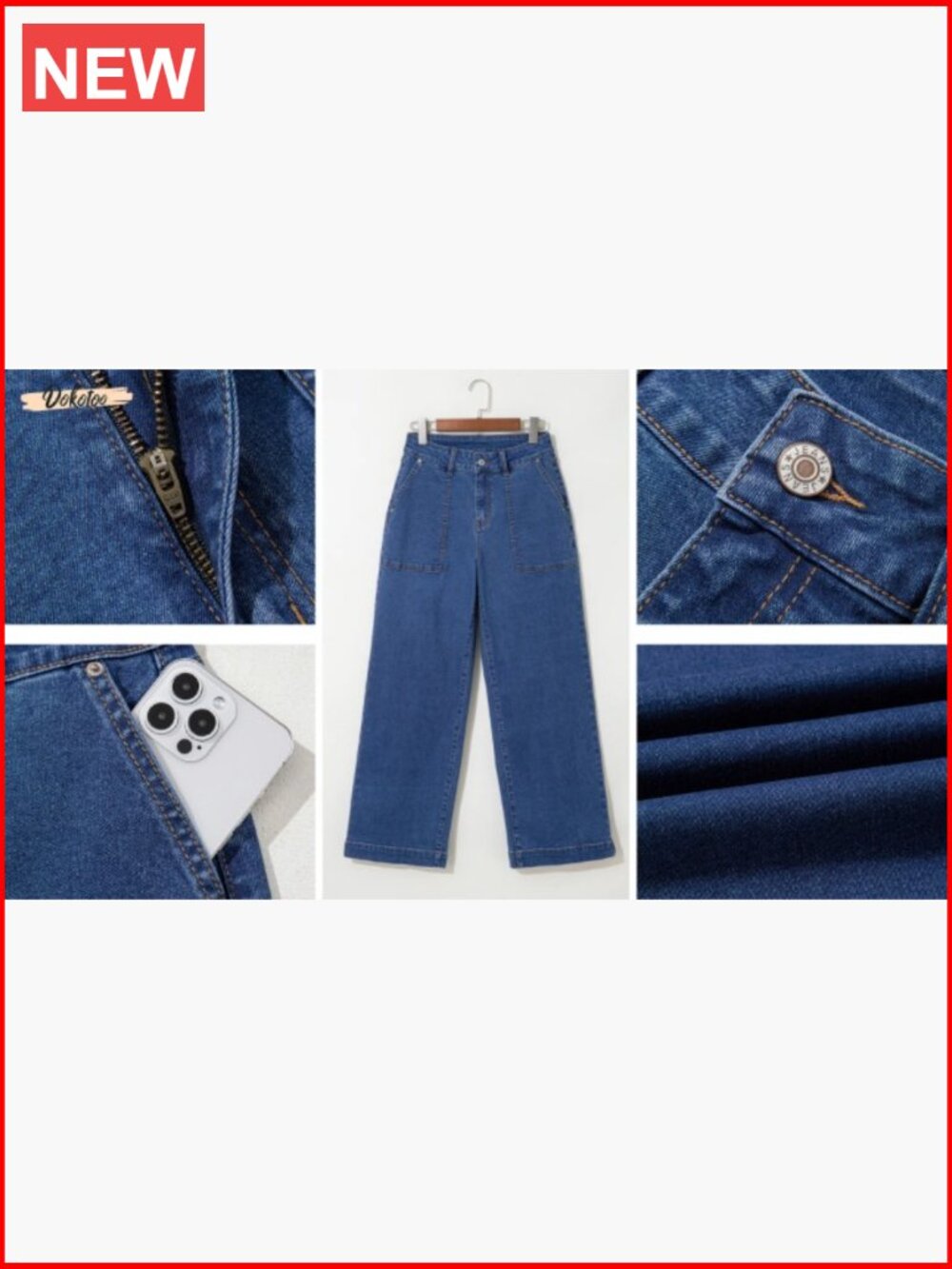 High Waisted Stretch Loose Fit Colorblock Denim Pants with Pocket - Picture 5 of 5